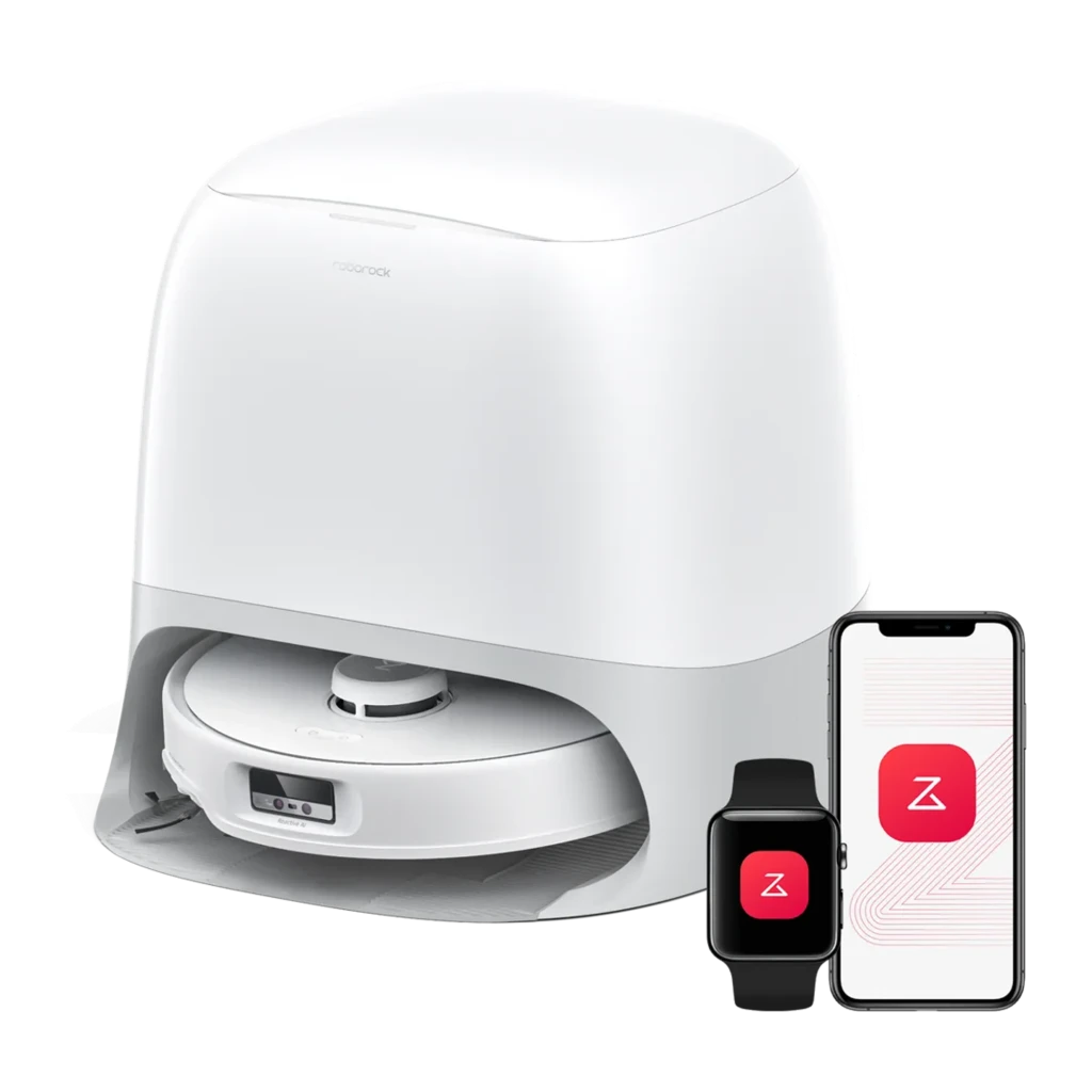 Roborock Qrevo Curv Blanco, vista frontal: robot aspirador acoplado en base de autovaciado con logo visible - Ítem4