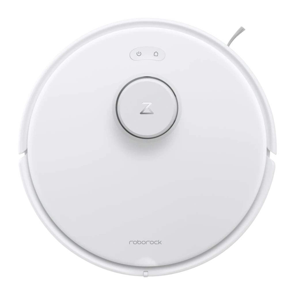 Roborock Qrevo Curv Blanco, vista frontal: robot aspirador acoplado en base de autovaciado con logo visible - Ítem6