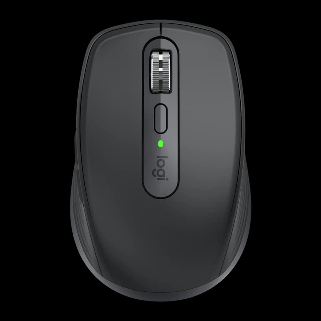 Logitech Rato MX Anywhere 3S Grafite, vista superior: roda metálica, botão central e LED verde aceso