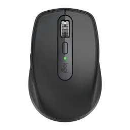 Logitech Rato MX Anywhere 3S Grafite, vista superior: roda metálica, botão central e LED verde aceso