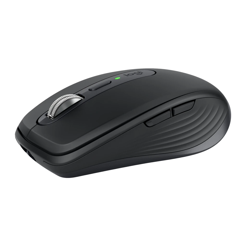 Logitech Rato MX Anywhere 3S Grafite, vista superior: roda metálica, botão central e LED verde aceso - Item10