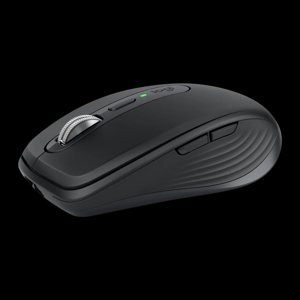 Logitech Rato MX Anywhere 3S Grafite, vista lateral: roda metálica, botões laterais e LED verde visíveis
