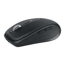 Logitech Rato MX Anywhere 3S Grafite, vista lateral: roda metálica, botões laterais e LED verde visíveis