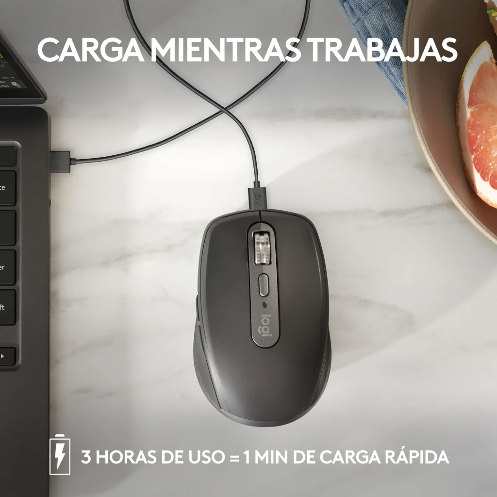 Logitech Rato MX Anywhere 3S Grafite, vista superior: roda metálica, botão central e LED verde aceso - Item11