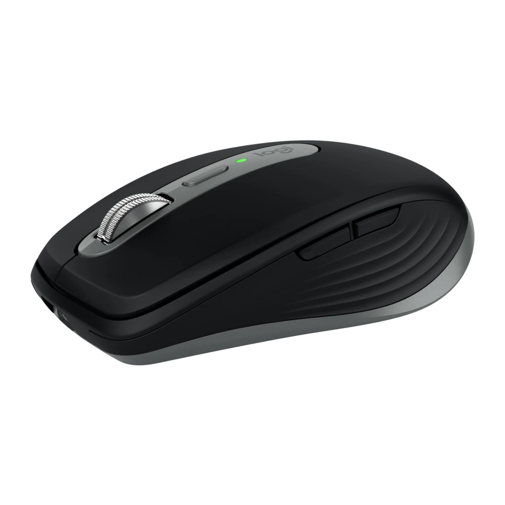 Logitech Rato MX Anywhere 3S Grafite, vista superior: roda metálica, botão central e LED verde aceso - Item1