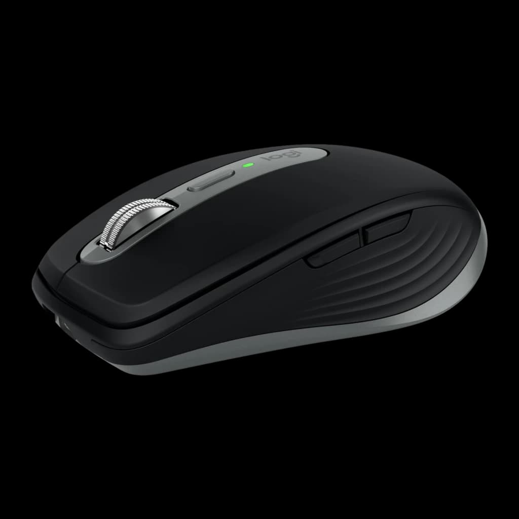 Logitech Rato MX Anywhere 3S Grafite, vista lateral direita: roda metálica, botões laterais e LED verde visível
