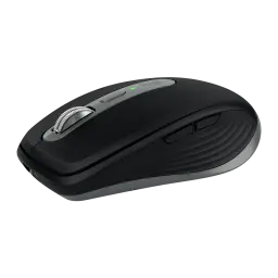 Logitech Rato MX Anywhere 3S Grafite, vista lateral direita: roda metálica, botões laterais e LED verde visível