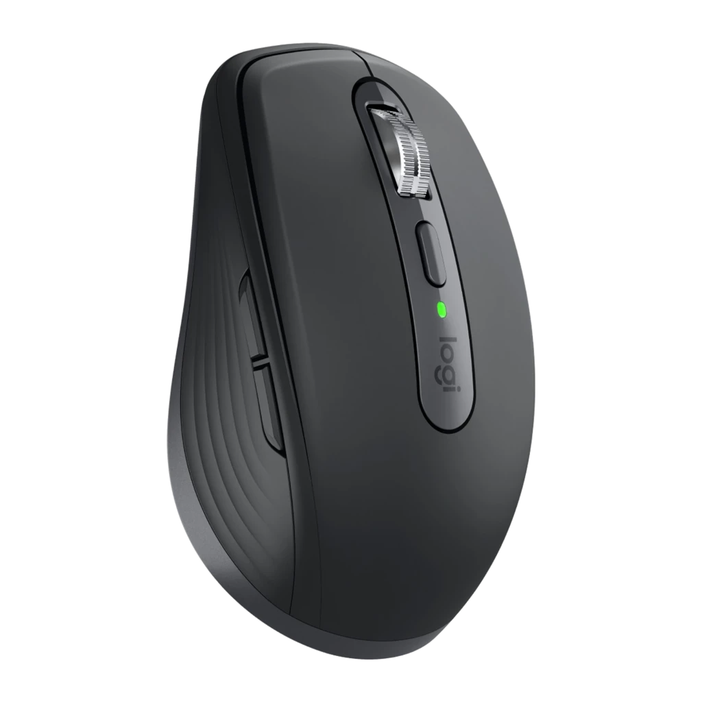 Logitech Rato MX Anywhere 3S Grafite, vista superior: roda metálica, botão central e LED verde aceso - Item2