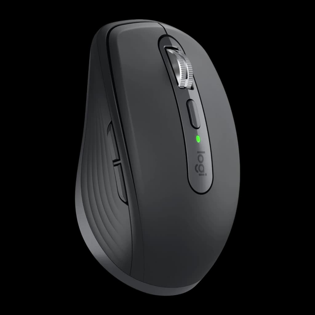 Logitech Rato MX Anywhere 3S Grafite, vista frontal três quartos: topo com roda, botão central e LED verde aceso