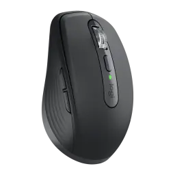Logitech Rato MX Anywhere 3S Grafite, vista frontal três quartos: topo com roda, botão central e LED verde aceso