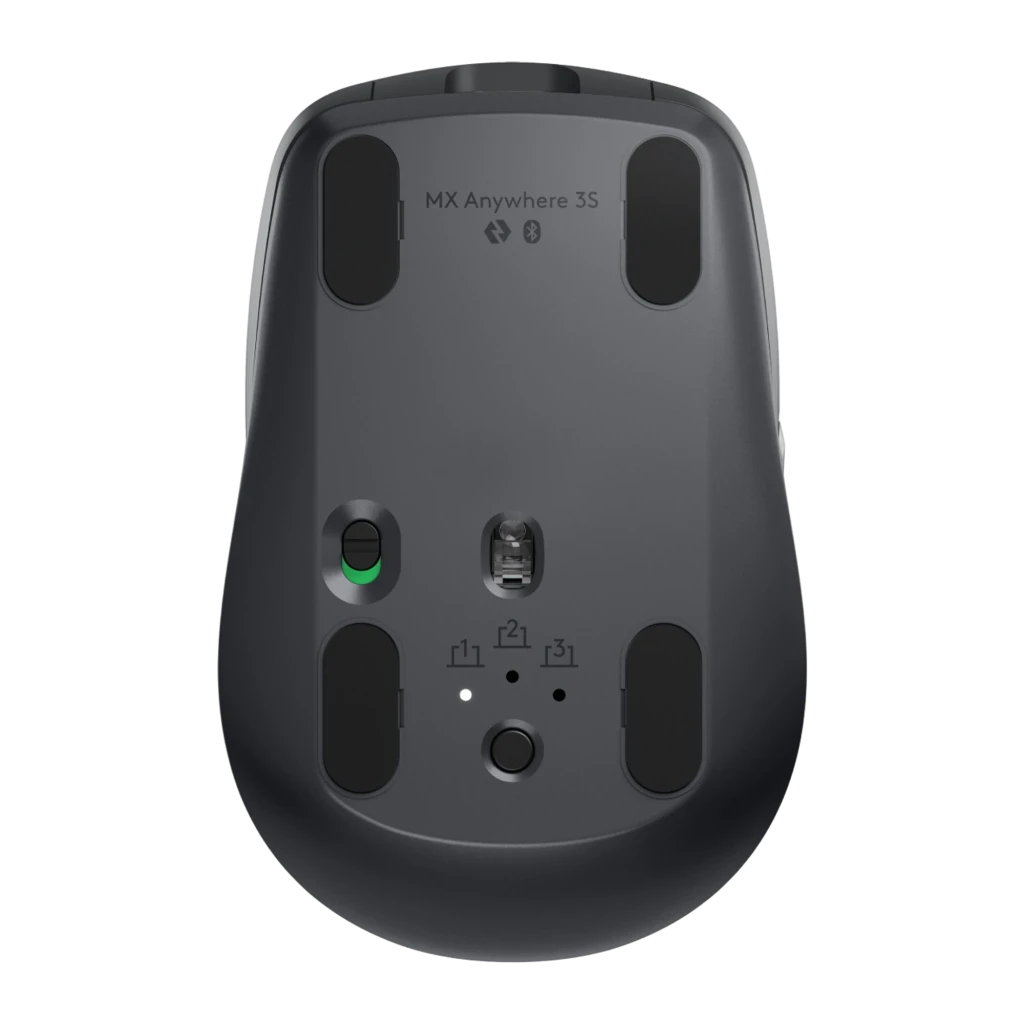 Logitech Rato MX Anywhere 3S Grafite, vista superior: roda metálica, botão central e LED verde aceso - Item3