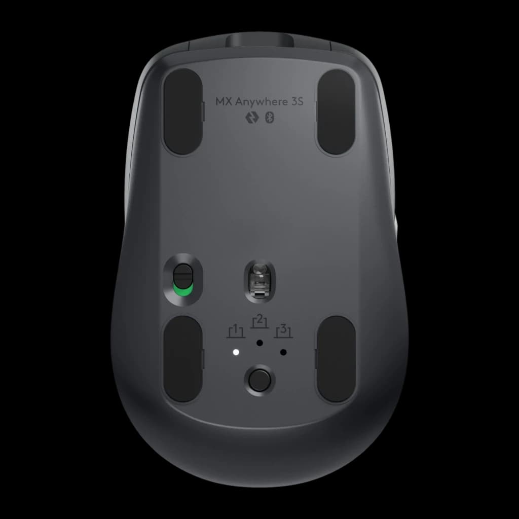 Logitech Rato MX Anywhere 3S Grafite, vista inferior: sensor óptico, seletor de dispositivos, patins e logos Bluetooth e Logi