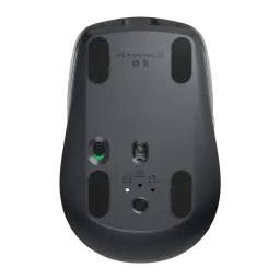 Logitech Rato MX Anywhere 3S Grafite, vista inferior: sensor óptico, seletor de dispositivos, patins e logos Bluetooth e Logi