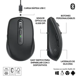 Logitech Rato MX Anywhere 3S Grafite, infografia: vista superior e lateral com características principais indicadas