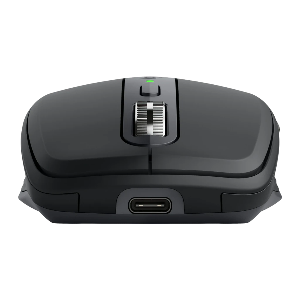 Logitech Rato MX Anywhere 3S Grafite, vista superior: roda metálica, botão central e LED verde aceso - Item6