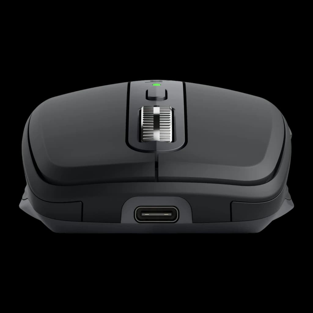 Logitech Rato MX Anywhere 3S Graphite cinzento, vista frontal: roda metálica, LED verde e porta USB-C visíveis