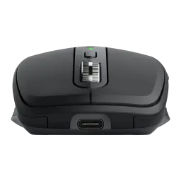 Logitech Rato MX Anywhere 3S Graphite cinzento, vista frontal: roda metálica, LED verde e porta USB-C visíveis