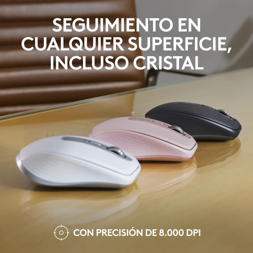 Logitech Rato MX Anywhere 3S Grafite, vista superior: roda metálica, botão central e LED verde aceso - Item7