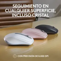 Logitech Rato MX Anywhere 3S Grafite, lifestyle: três cores sobre superfície de vidro, rastreamento 8000 DPI