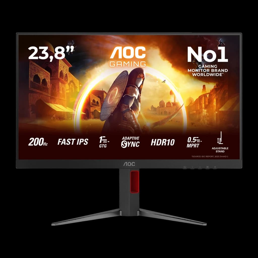 AOC Monitor Gaming 24G4HA 24 preto vermelho, vista frontal: tela com conteúdo gaming e especificações técnicas