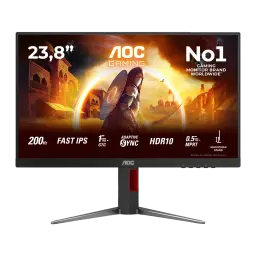 AOC Monitor Gaming 24G4HA 24 preto vermelho, vista frontal: tela com conteúdo gaming e especificações técnicas