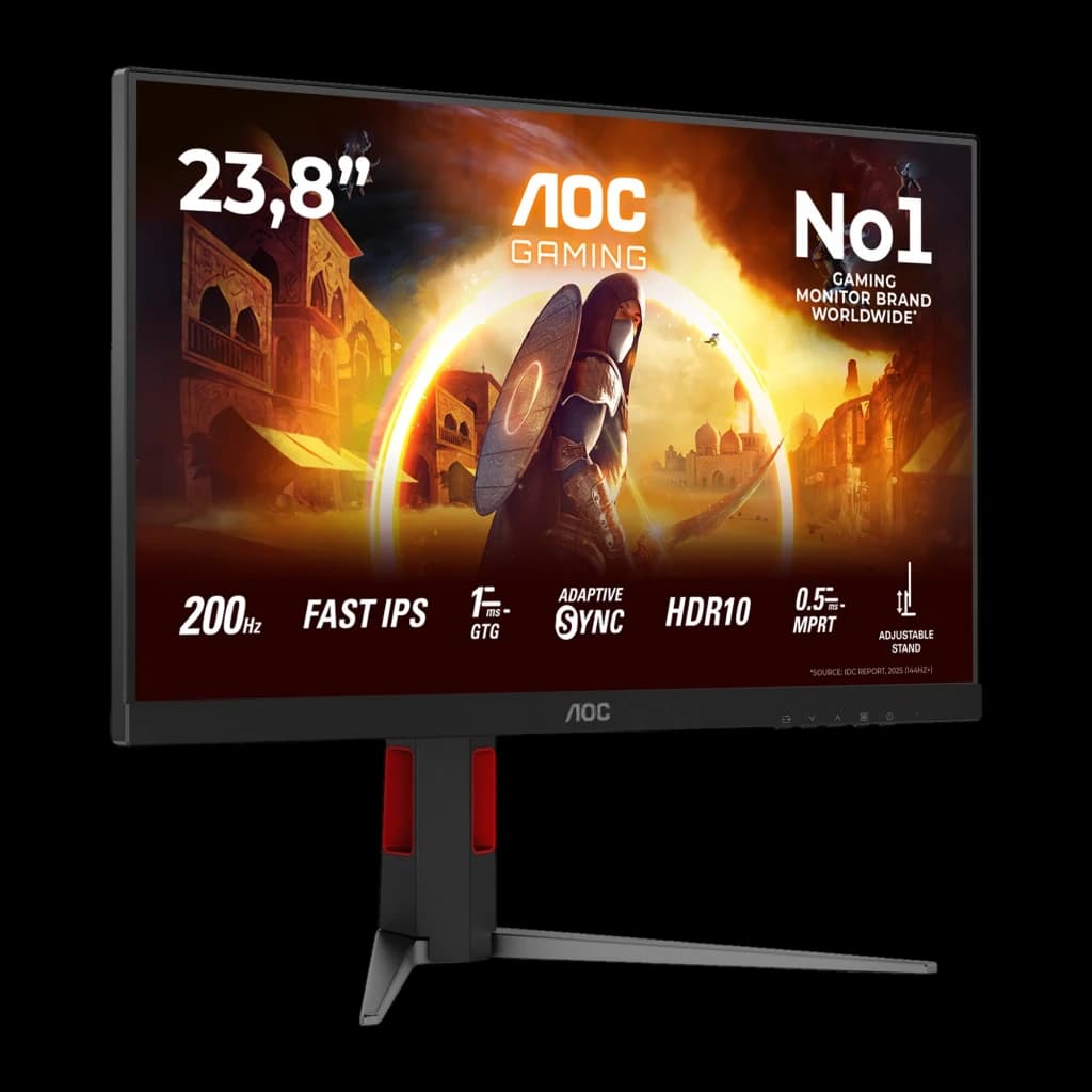 AOC Monitor Gaming 24G4HA 24 Preto Vermelho, vista frontal: tela com conteúdo gaming e especificações técnicas