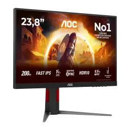 AOC Monitor Gaming 24G4HA 24 Preto Vermelho, vista frontal: tela com conteúdo gaming e especificações técnicas
