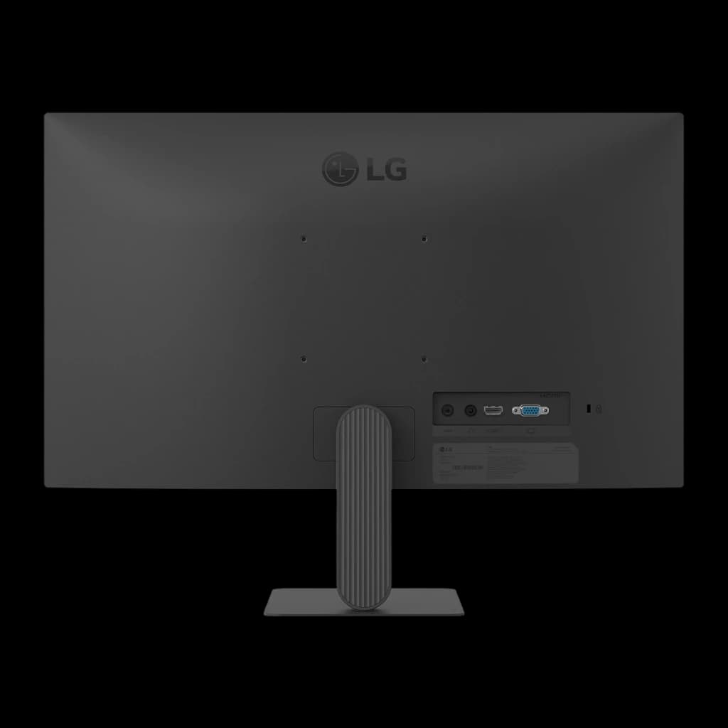 LG Monitor 27U411B-B 27 polegadas Full HD preto, vista traseira: painel posterior com logo LG, suporte estriado e portas de