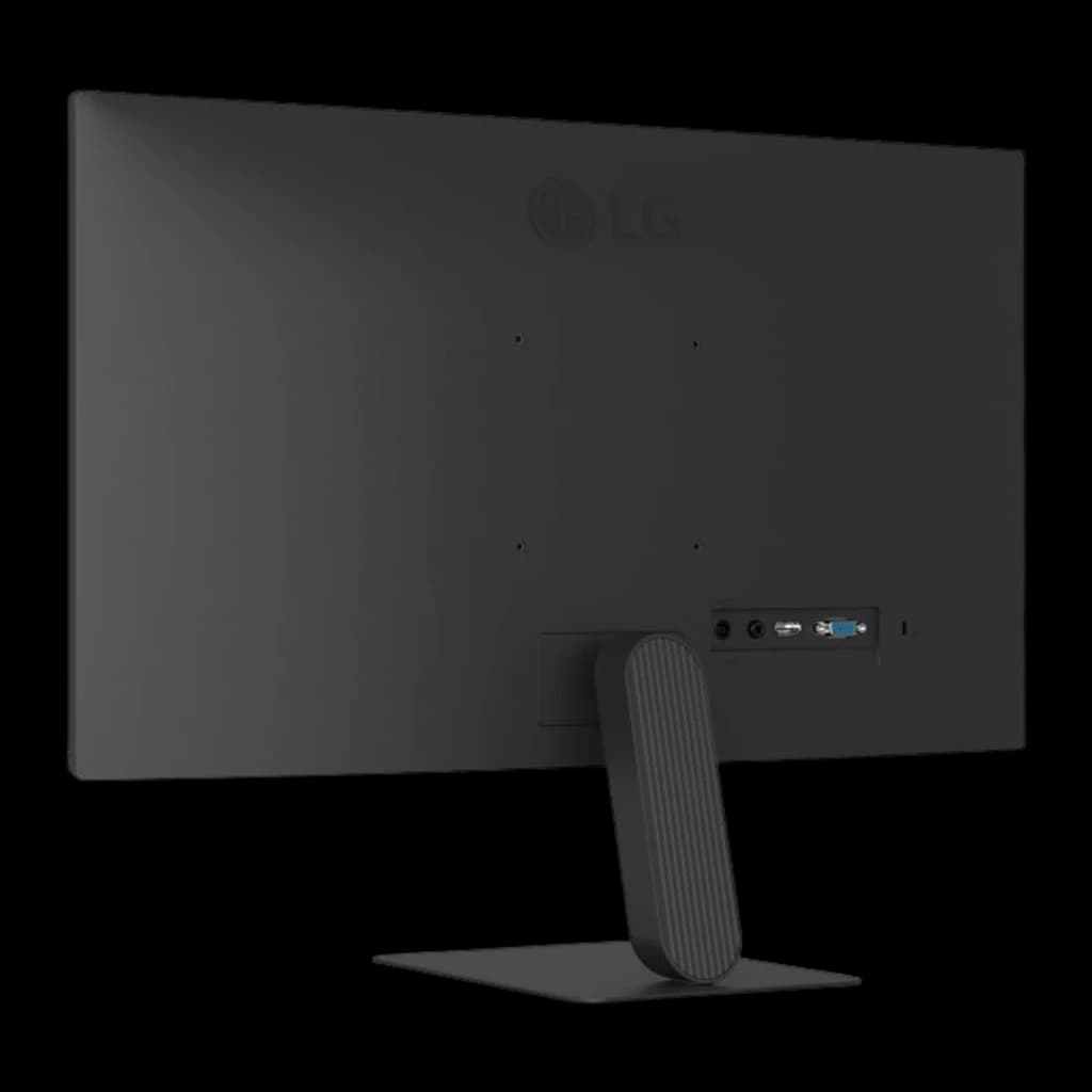 LG Monitor 27U411B-B 27 polegadas Full HD preto, vista traseira em ângulo: painel posterior, suporte estriado e portas em