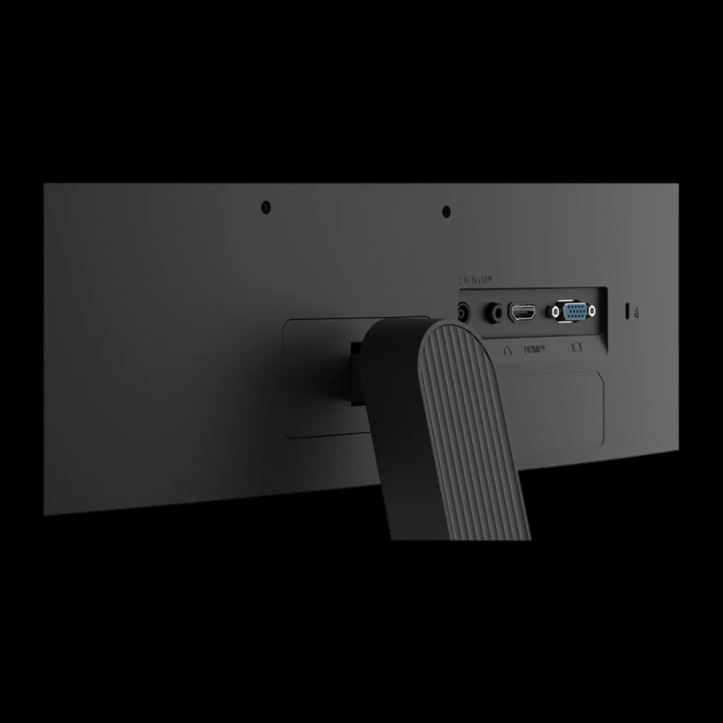 LG Monitor 27U411B-B 27 polegadas Full HD preto, detalhe traseiro: portas HDMI, VGA e jack de áudio junto ao suporte estriado