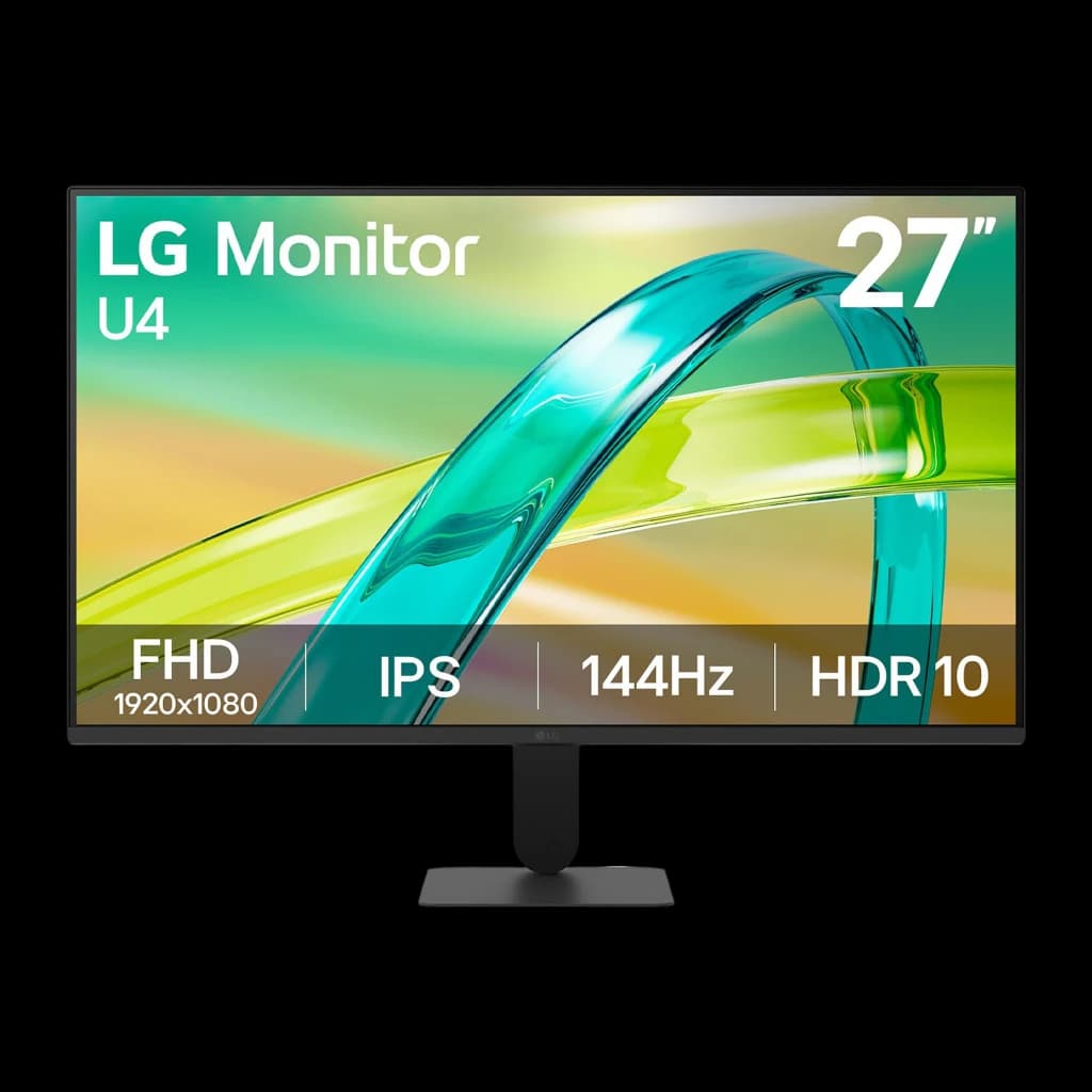 LG Monitor 27U411B-B 27 polegadas Full HD preto, vista frontal: ecrã com especificações FHD IPS 144Hz HDR10 e suporte preto