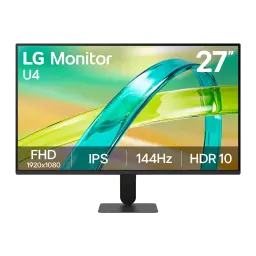 LG Monitor 27U411B-B 27 polegadas Full HD preto, vista frontal: ecrã com especificações FHD IPS 144Hz HDR10 e suporte preto