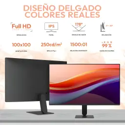 LG Monitor 27U411B-B 27" Full HD Preto, infográfico: vista frontal e traseira com specs Full HD IPS 178° sRGB 99%