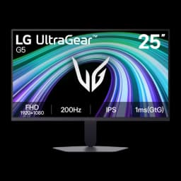 LG UltraGear 25G523B 25" Negro, vista frontal: pantalla con logo UltraGear, especificaciones FHD 200Hz IPS 1ms y base