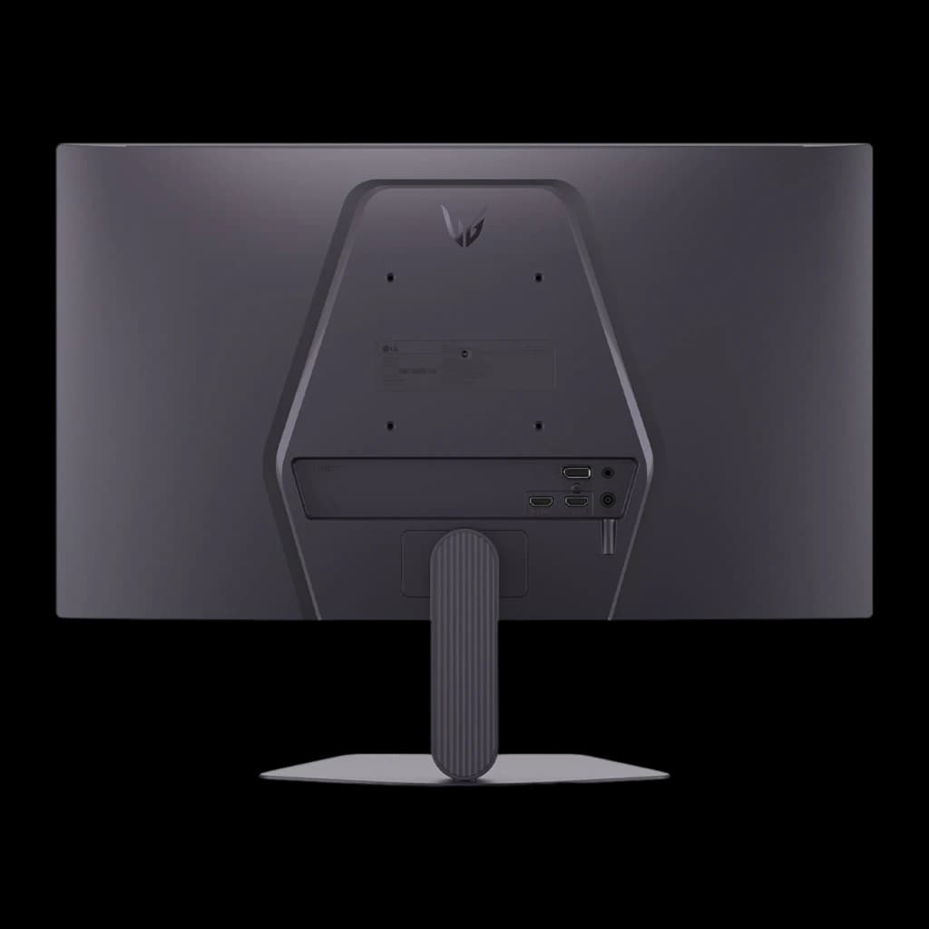 LG UltraGear 25G523B 25" Negro, vista trasera: panel posterior con logo UG, puertos de conectividad y soporte estriado