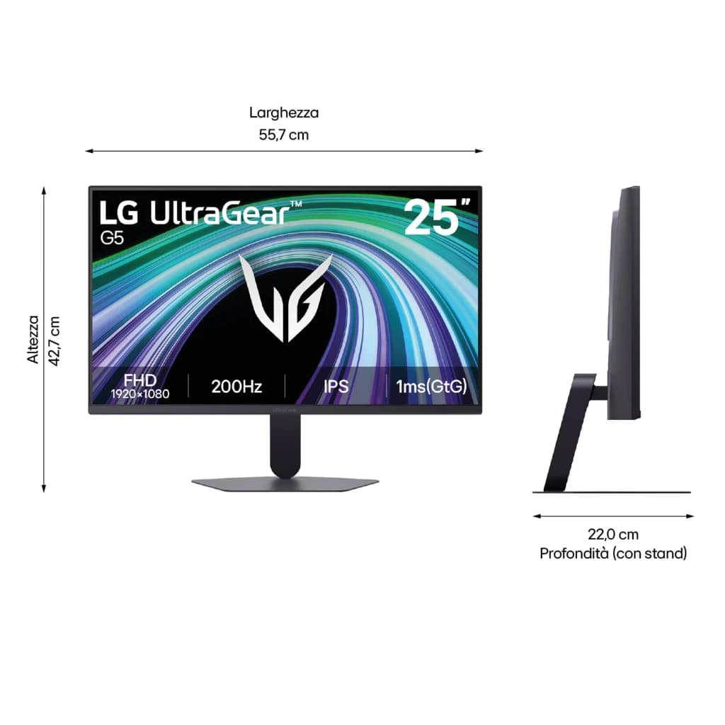 LG UltraGear 25G523B 25" Negro, dimensiones: vista frontal y lateral con medidas 55,7cm ancho y 22cm profundidad