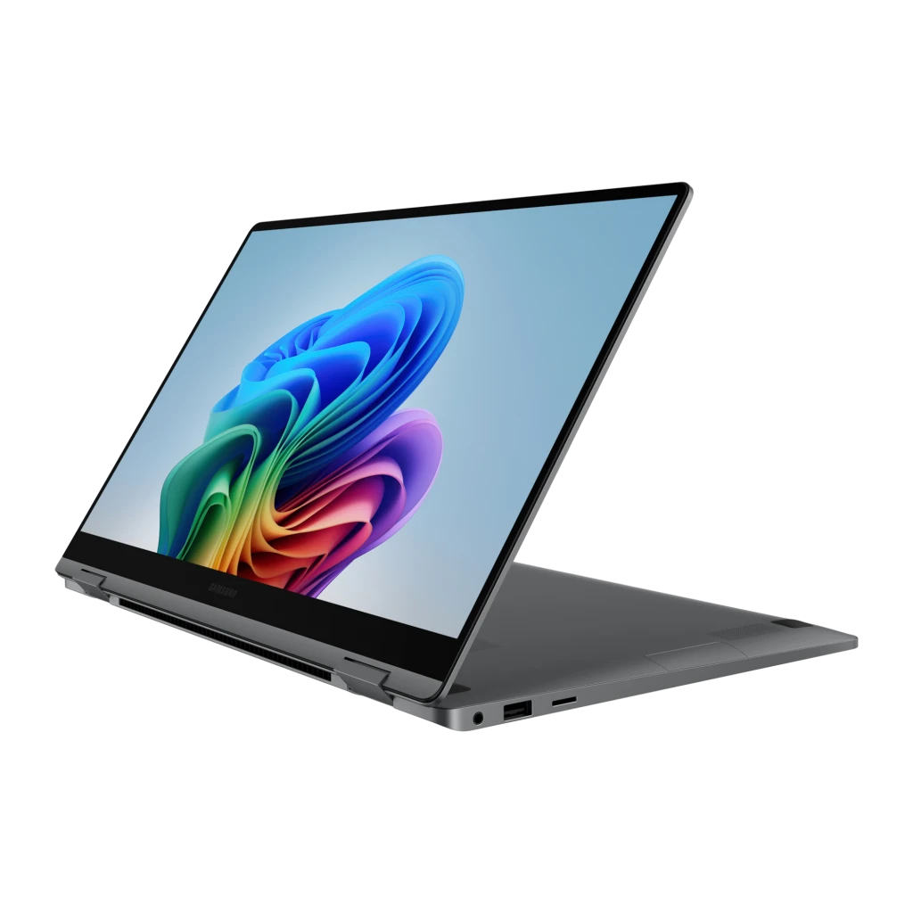 Samsung Galaxy Book5 360 512GB gris, vista lateral trasera: pantalla Full HD con fondo colorido, bisagra 360° y puertos
