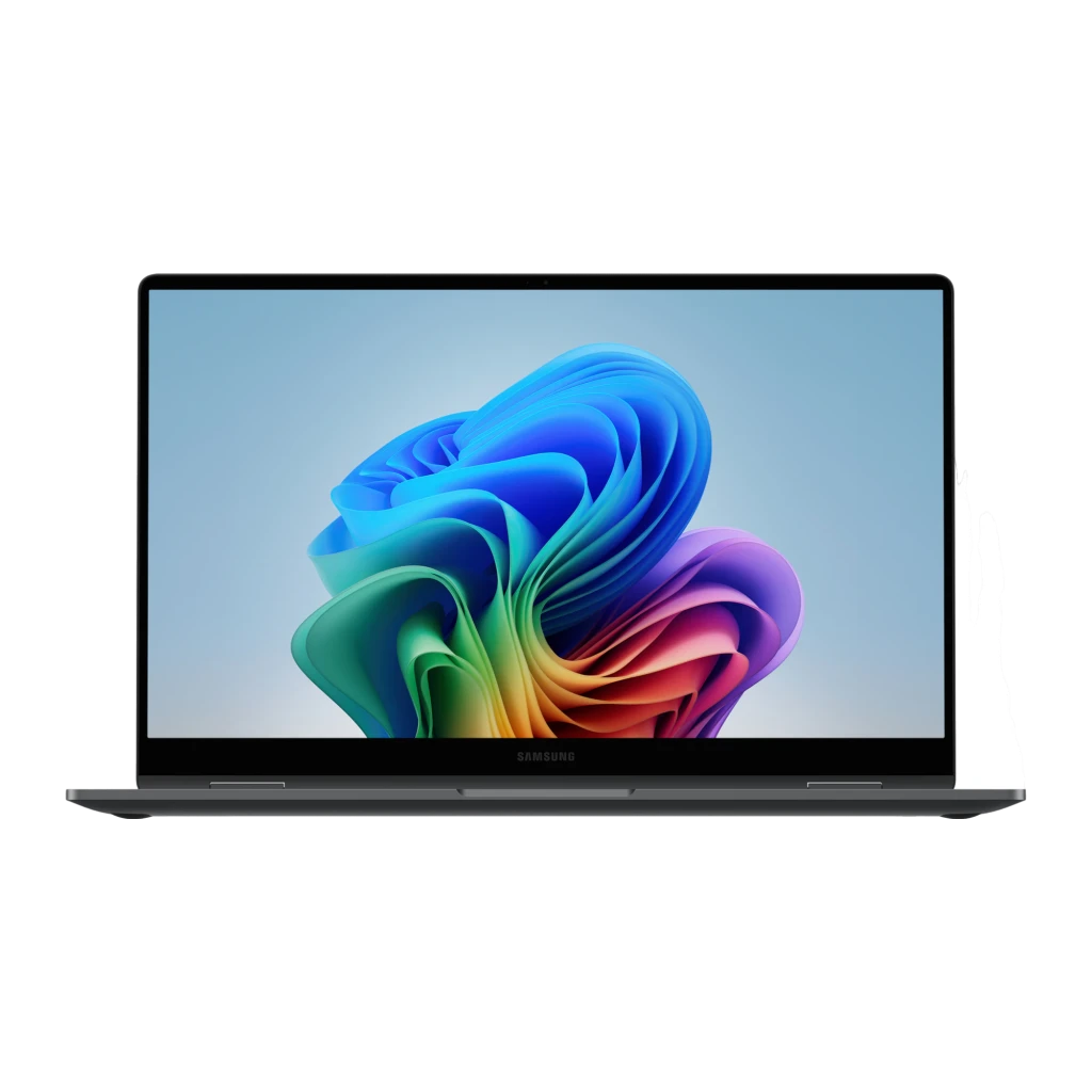 Samsung Galaxy Book5 360 512GB gris, vista frontal: pantalla 15.6" encendida con fondo floral colorido y marco fino