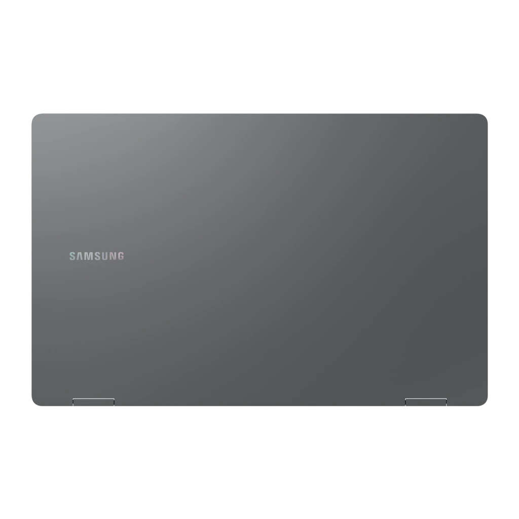 Samsung Galaxy Book5 360 512GB gris, tapa trasera: superficie metálica lisa con logo Samsung centrado y bisagras