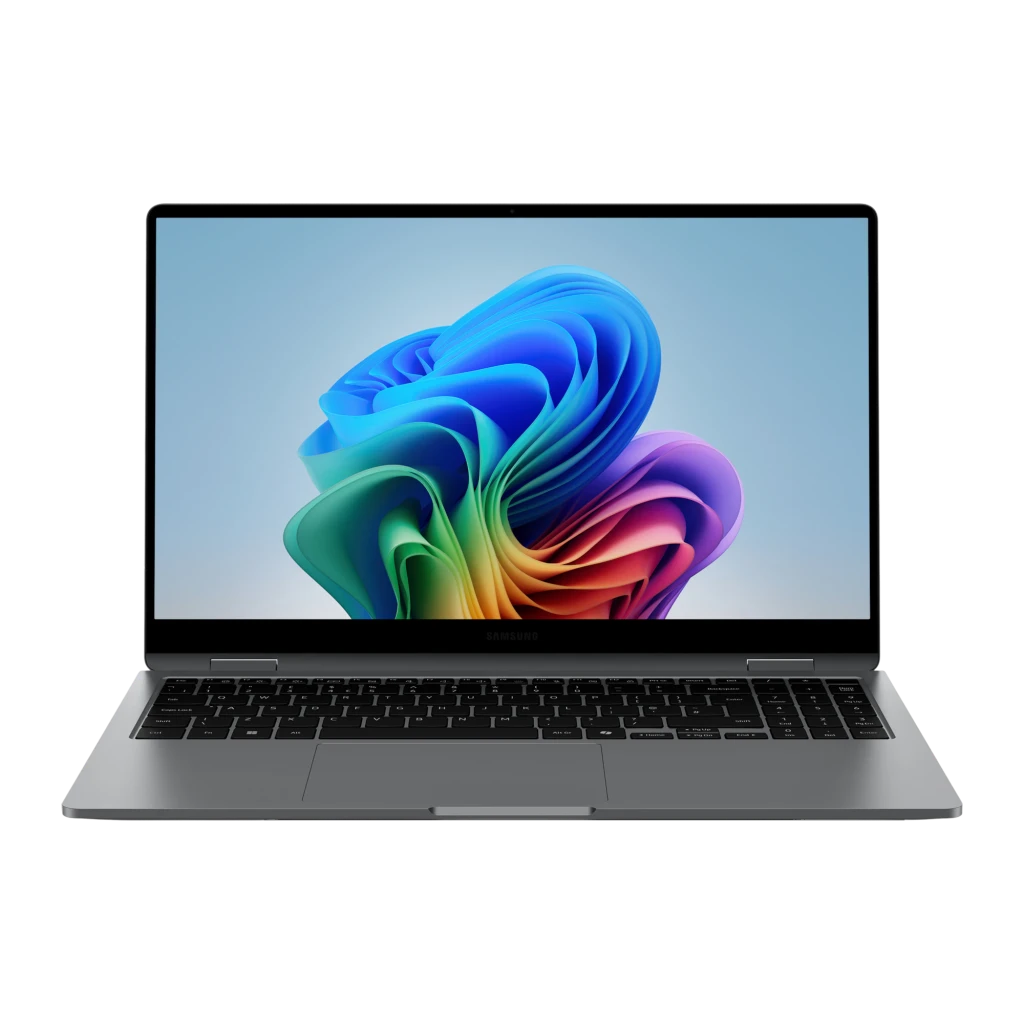 Samsung Galaxy Book5 360 512GB gris, vista frontal: pantalla 15.6" con fondo Windows 11, teclado y touchpad visibles
