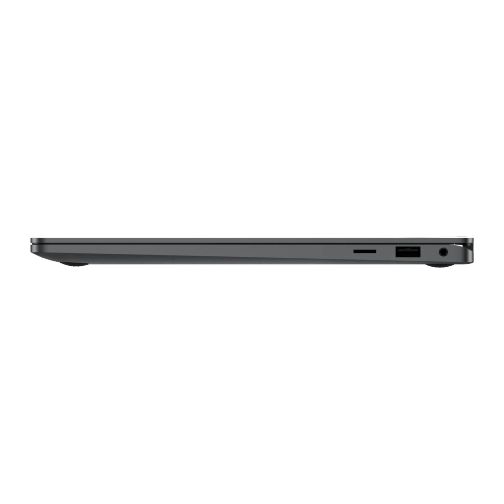 Samsung Galaxy Book5 360 512GB gris, vista lateral derecha: perfil cerrado fino con lector microSD, USB-A y jack de audio