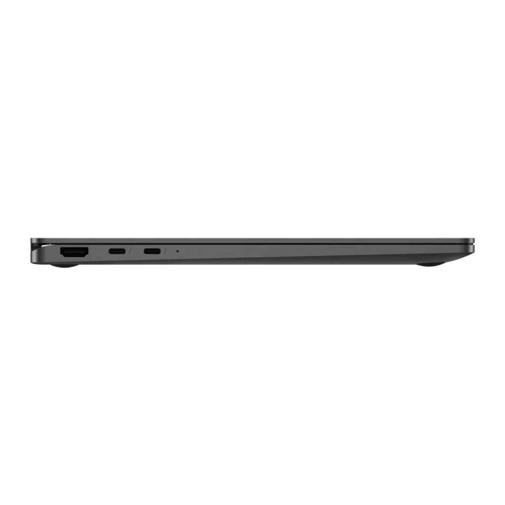 Samsung Galaxy Book5 360 512GB gris, vista lateral izquierda: puertos HDMI y dos USB-C visibles en perfil cerrado