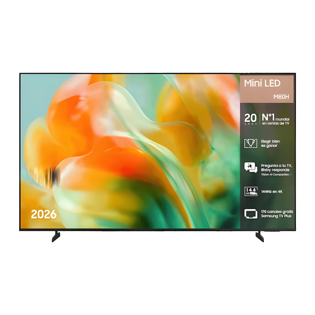 Samsung Televisor TU75M80H 75 pulgadas Mini LED Negro, vista frontal: pantalla con infografía de características Mini LED