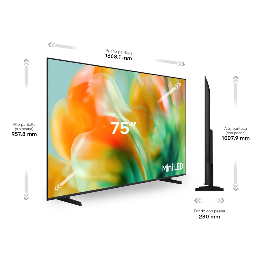 Samsung TU75M80H 75 pulgadas Mini LED 4K negro, dimensiones: vista frontal y lateral con medidas de ancho, alto y fondo