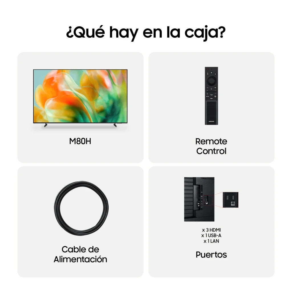 Samsung TU75M80H 75" Mini LED 4K Negro, contenido de caja: TV, mando a distancia, cable de alimentación y puertos