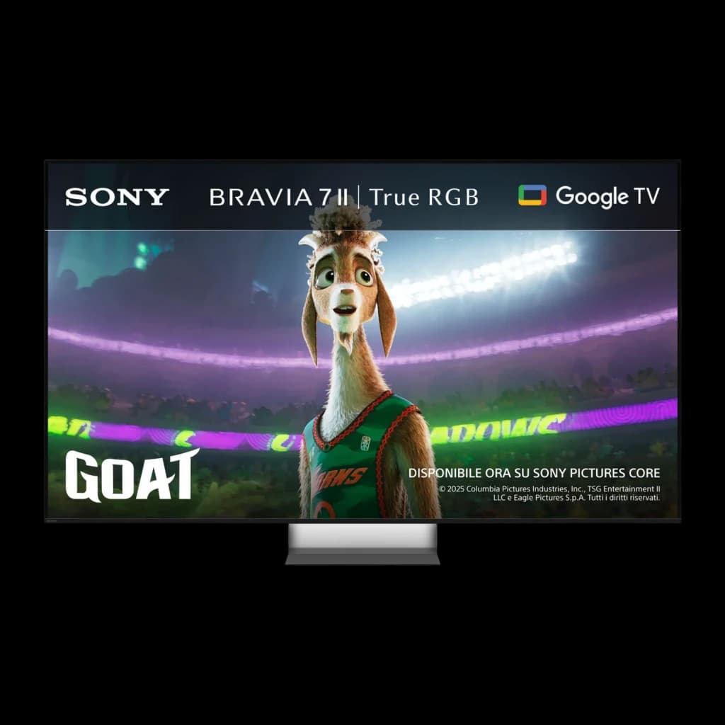 Sony K-65XR75M2 65 pouces 4K noir, vue de face: écran avec contenu animé GOAT et logo BRAVIA 7 II Google TV