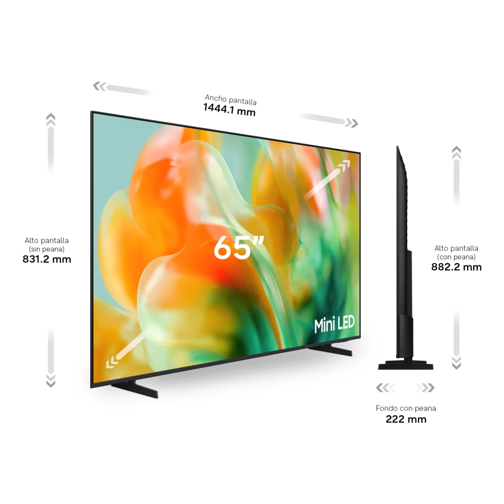 Samsung TU65M80H 65 pulgadas Mini LED 4K Negro, dimensiones: vistas frontal y lateral con medidas de ancho, alto y fondo