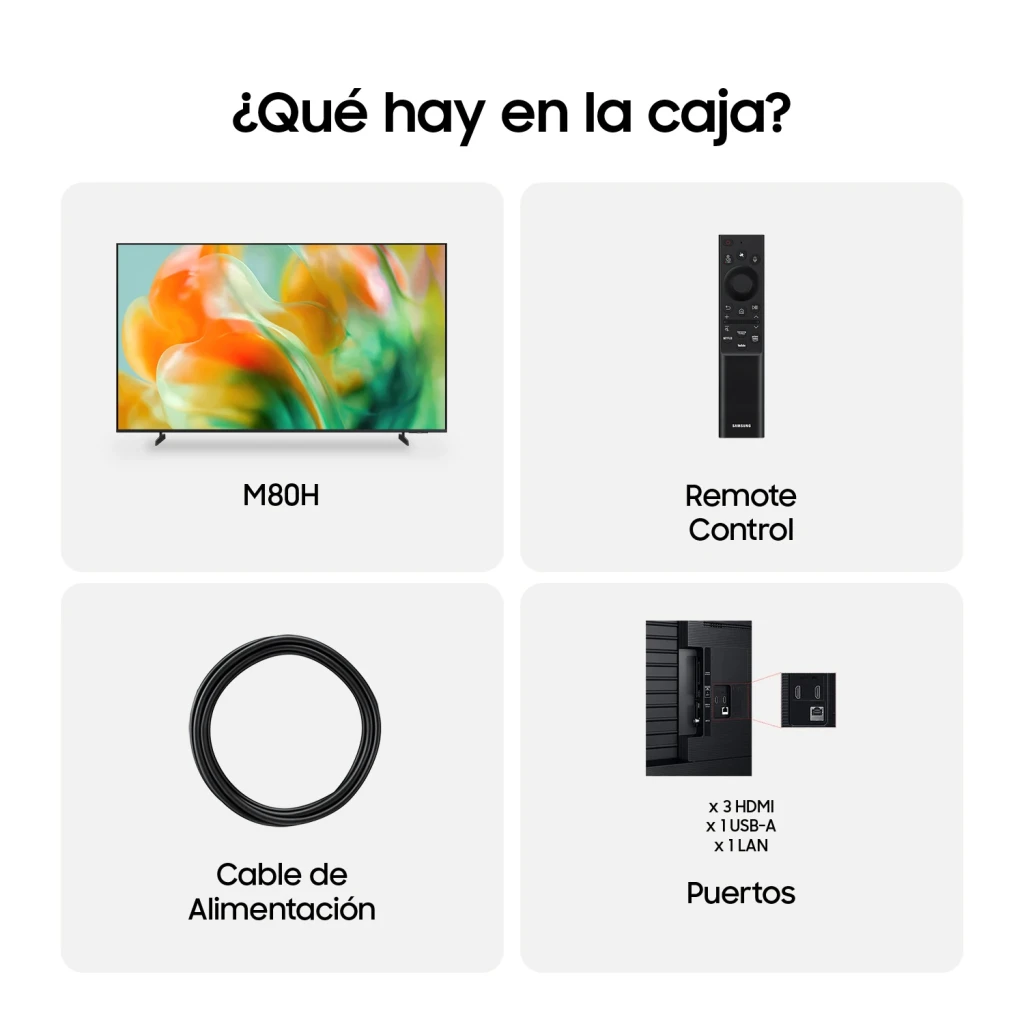 Samsung TU65M80H 65 pulgadas Mini LED 4K Negro, contenido caja: TV, mando, cable alimentación y puertos HDMI USB LAN