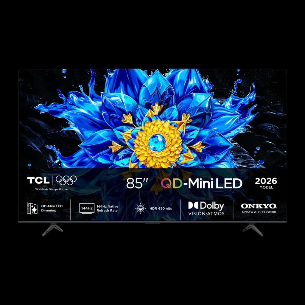 TCL 85P8L 85 polegadas 4K Mini LED Google TV preto, vista frontal: ecrã com flor azul, logos QD-Mini LED, 144Hz e Dolby
