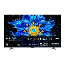 TCL 85P8L 85 polegadas 4K Mini LED Google TV preto, vista frontal: ecrã com flor azul, logos QD-Mini LED, 144Hz e Dolby
